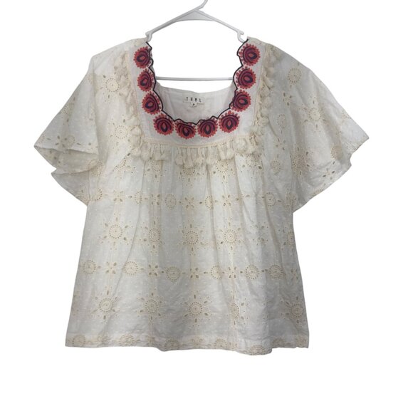 THML Cream Eyelet Short Sleeve Top With Embroidered Neckline Womens SZ M Cotton - Picture 2 of 9